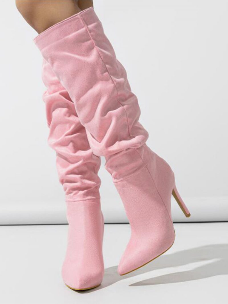 Kniehohe Damenstiefel Aus Wildleder Mit Spitzem Zehenbereich Und Stilettoabsatz Rosa - Rosa