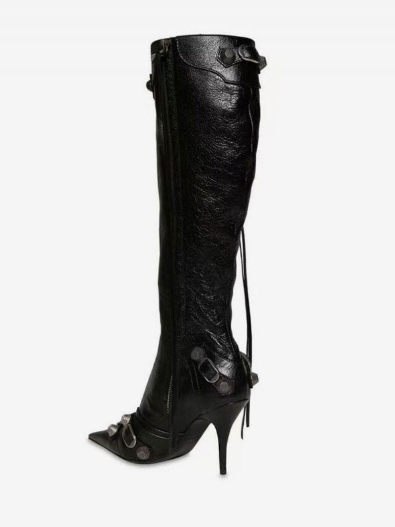 Kniehohe Damenstiefel Klassische Spitze Stiletto Schmaler Absatz Nieten Schnalle Vintage-stiefel - Schwarz