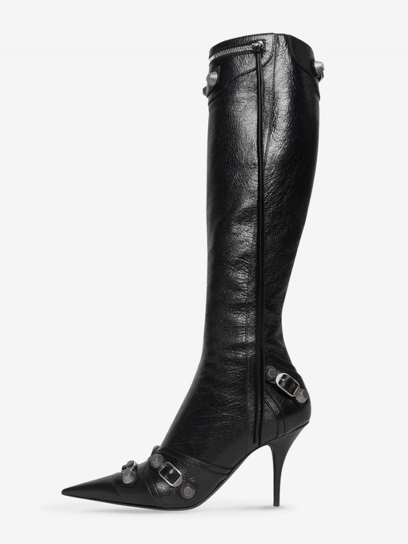 Kniehohe Damenstiefel Klassische Spitze Stiletto Schmaler Absatz Nieten Schnalle Vintage-stiefel - Schwarz