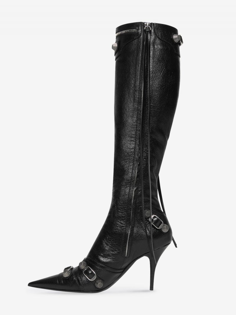 Kniehohe Damenstiefel Klassische Spitze Stiletto Schmaler Absatz Nieten Schnalle Vintage-stiefel - Schwarz