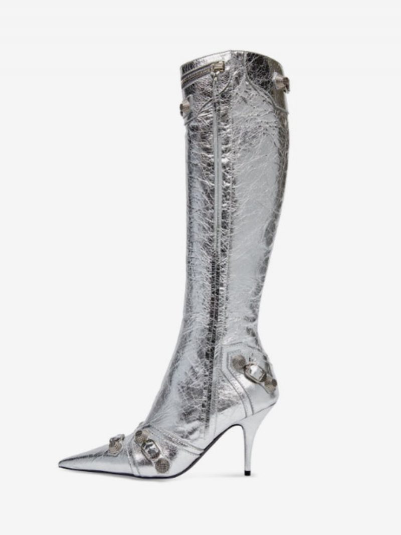 Kniehohe Damenstiefel Klassische Spitze Stiletto Schmaler Absatz Nieten Schnalle Vintage-stiefel - Silber