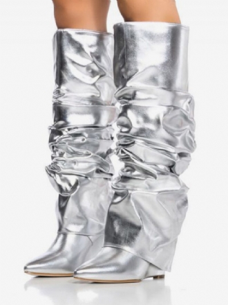 Kniehohe Damenstiefel Metallic-optik Silberfarbene Slouch-stiefel Mit Spitzer Zehenpartie Und Umklappbarem Keilabsatz