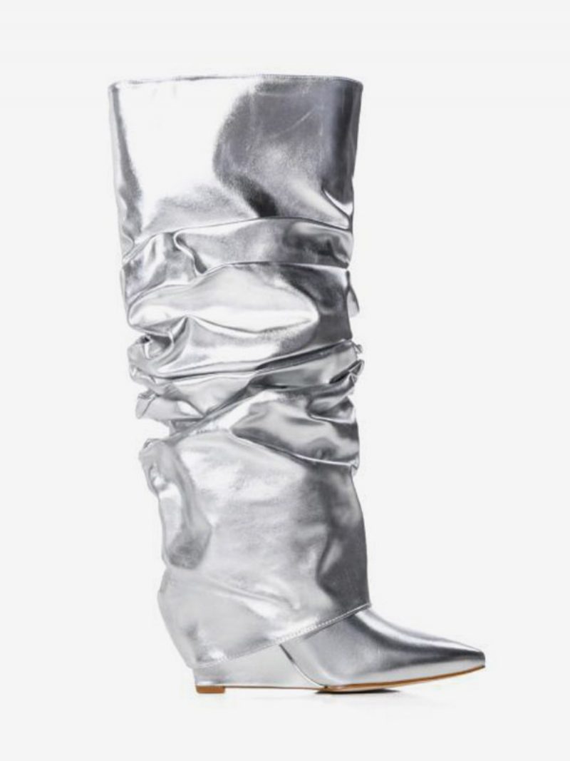 Kniehohe Damenstiefel Metallic-optik Silberfarbene Slouch-stiefel Mit Spitzer Zehenpartie Und Umklappbarem Keilabsatz - Silber