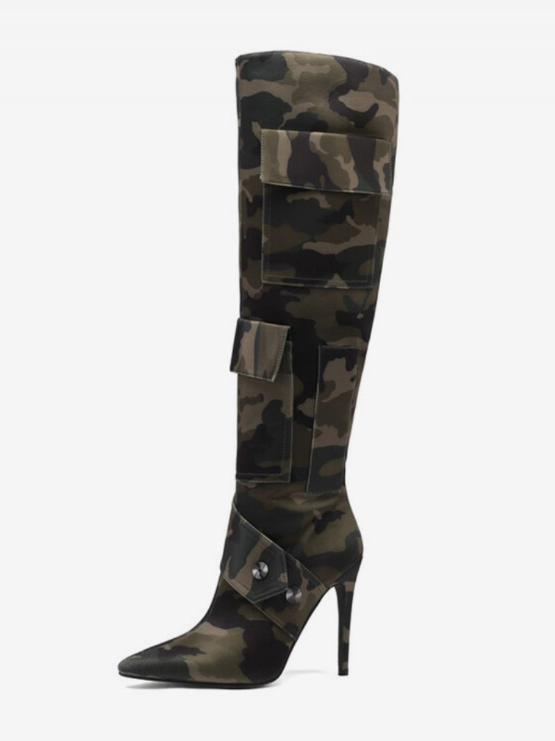 Kniehohe Damenstiefel Mit Camo-print Taschennieten Und Hohem Absatz