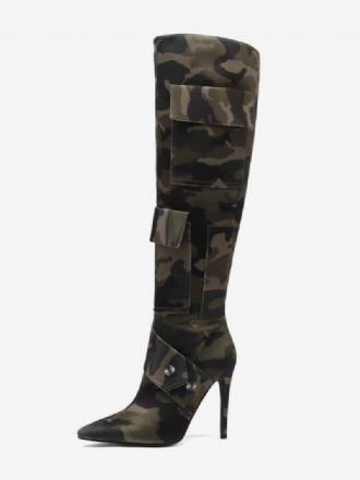 Kniehohe Damenstiefel Mit Camo-print Taschennieten Und Hohem Absatz