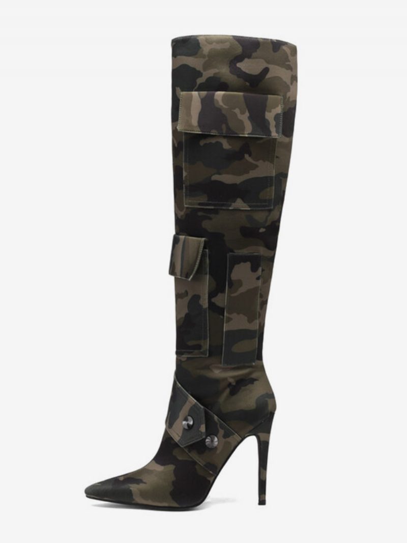 Kniehohe Damenstiefel Mit Camo-print Taschennieten Und Hohem Absatz - Jägergrün