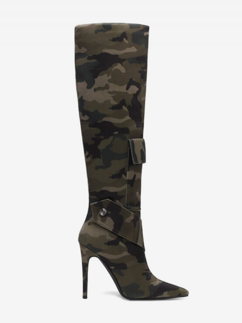 Kniehohe Damenstiefel Mit Camo-print Taschennieten Und Hohem Absatz - Jägergrün