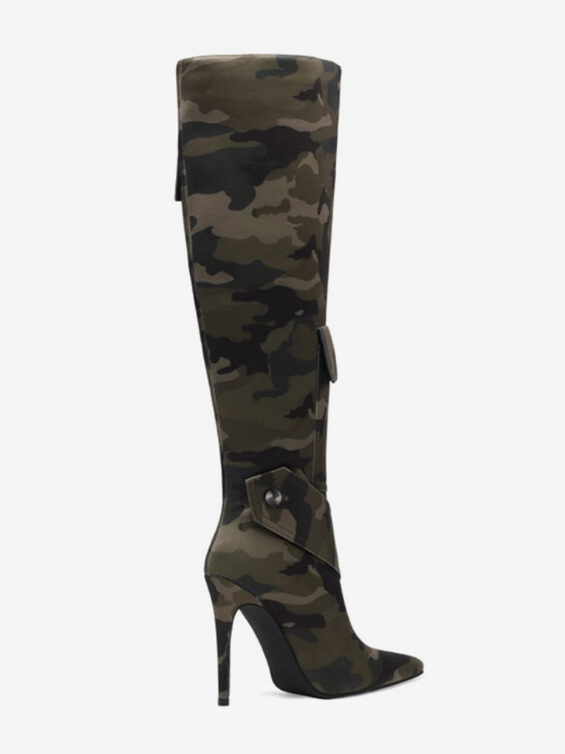 Kniehohe Damenstiefel Mit Camo-print Taschennieten Und Hohem Absatz - Jägergrün