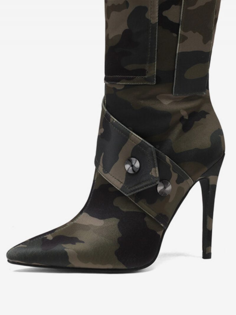 Kniehohe Damenstiefel Mit Camo-print Taschennieten Und Hohem Absatz - Jägergrün