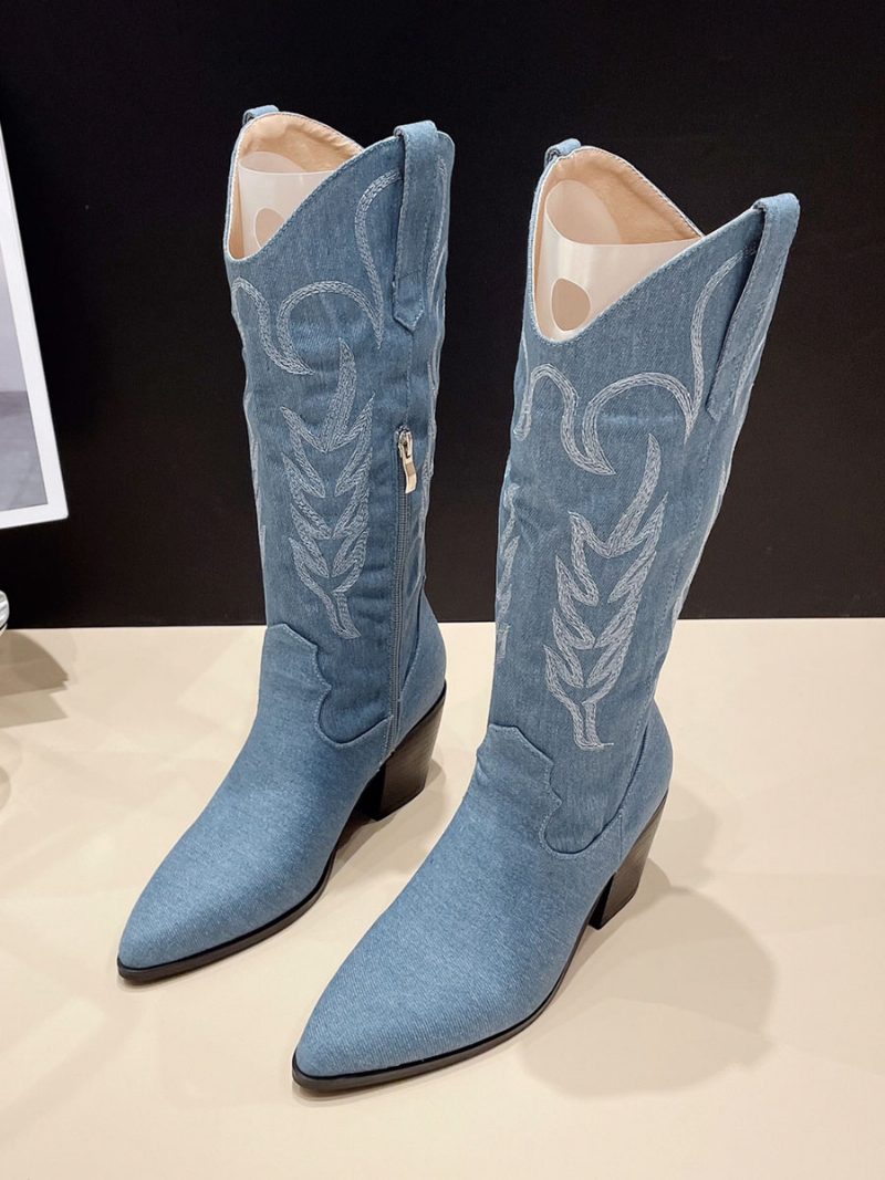 Kniehohe Damenstiefel Mit Klobigem Absatz Und Westernstiefel - Helles Himmelblau