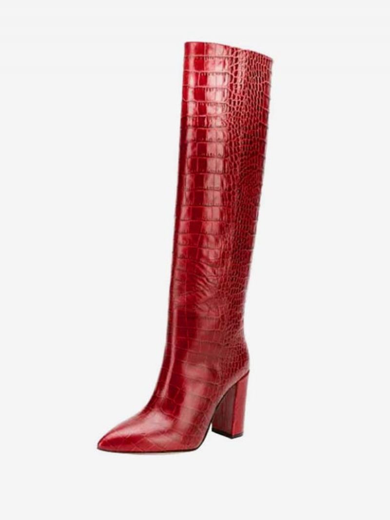 Kniehohe Damenstiefel Mit Kroko-print Und Klobigem Absatz - Rot