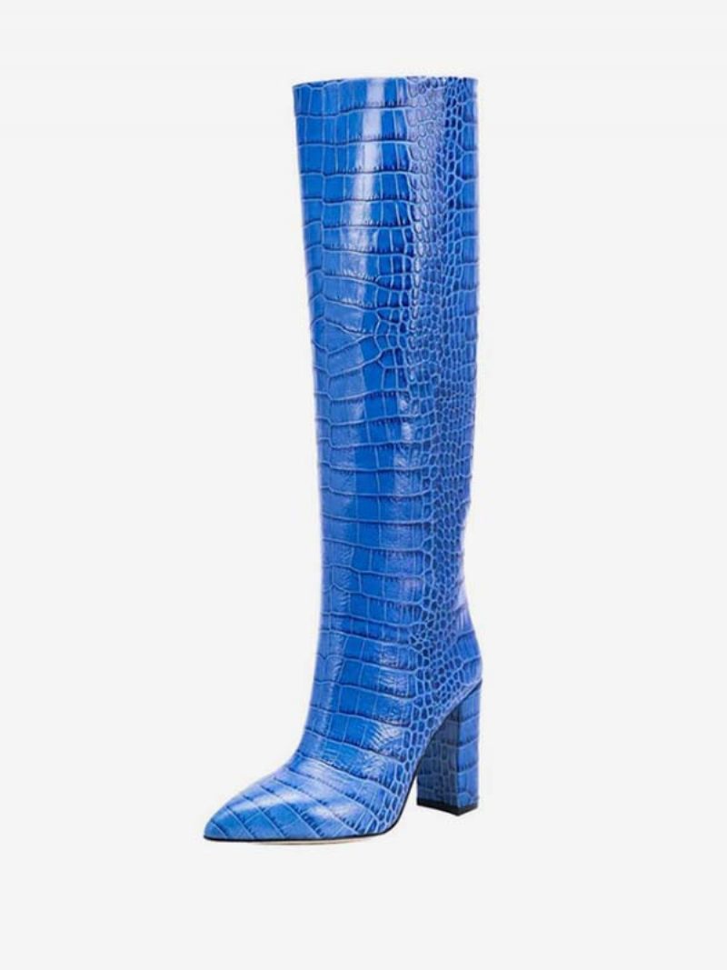 Kniehohe Damenstiefel Mit Kroko-print Und Klobigem Absatz - Blau