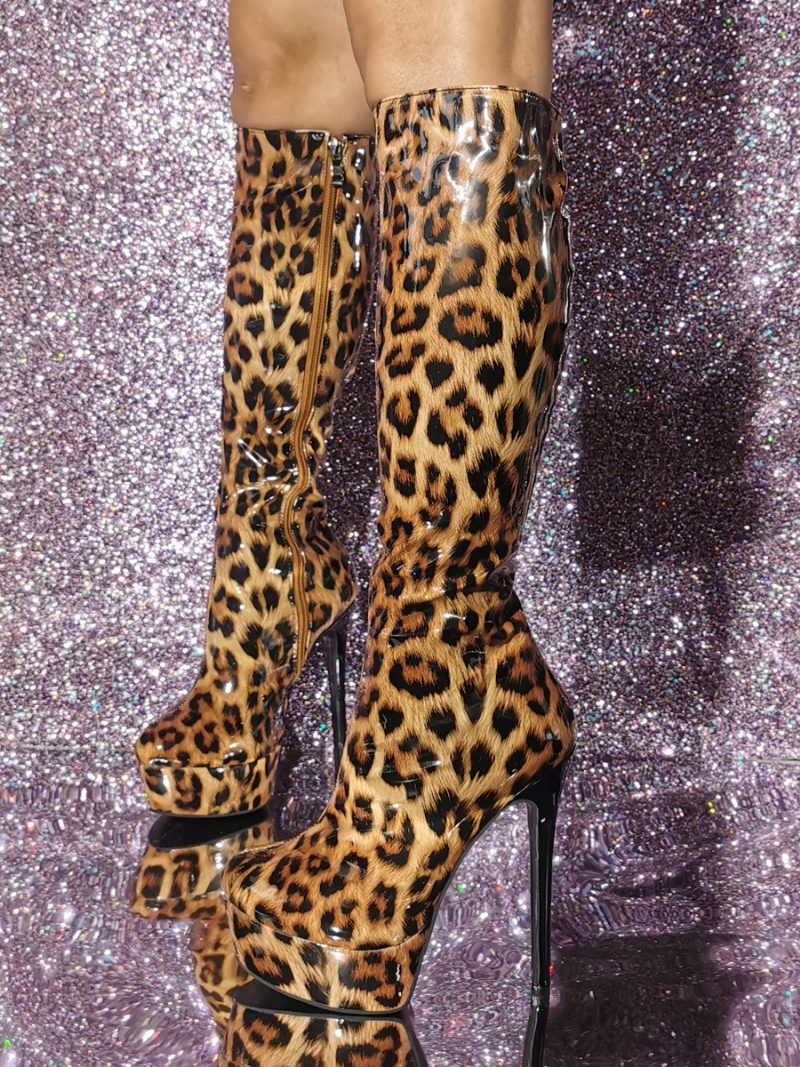 Kniehohe Damenstiefel Mit Lack-pu-obermaterial Und Stiletto-absatz - Leopard