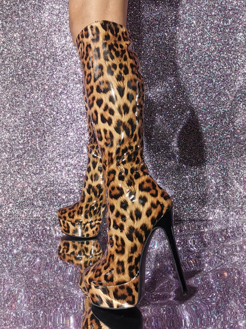 Kniehohe Damenstiefel Mit Lack-pu-obermaterial Und Stiletto-absatz - Leopard