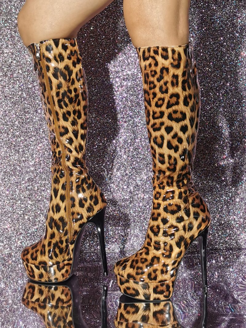 Kniehohe Damenstiefel Mit Lack-pu-obermaterial Und Stiletto-absatz - Leopard