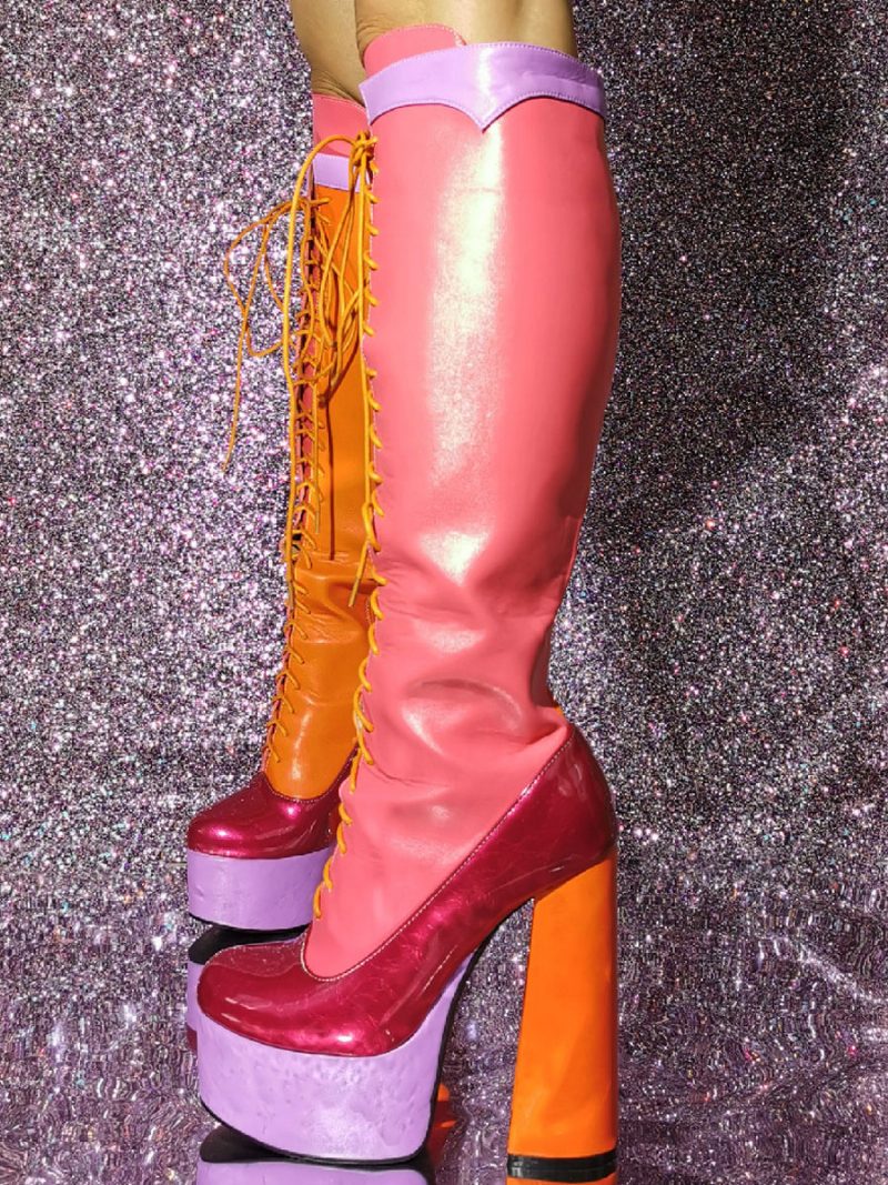 Kniehohe Damenstiefel Mit Schnürung Plattform Klobiger Absatz Sexy Stiefel - Cameo-Rosa