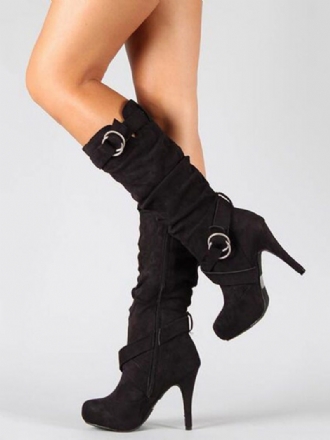 Kniehohe Damenstiefel Mit Slouch-schnallen Und Stiletto-absatz