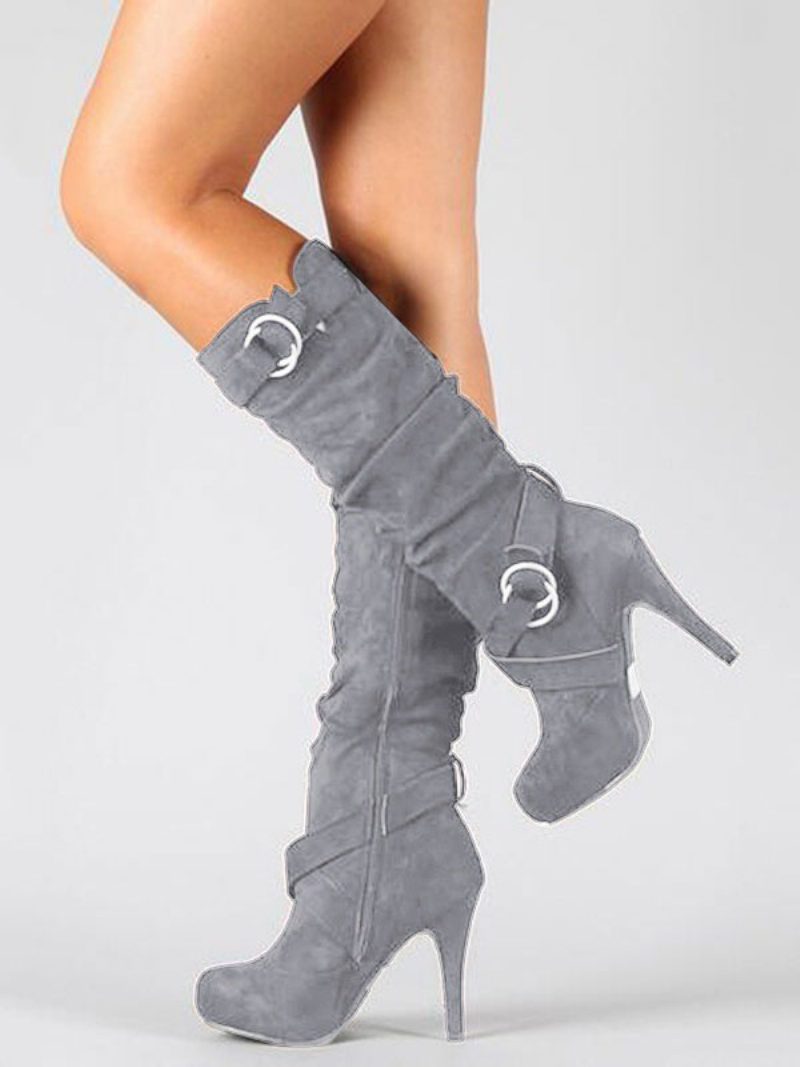 Kniehohe Damenstiefel Mit Slouch-schnallen Und Stiletto-absatz - Grau