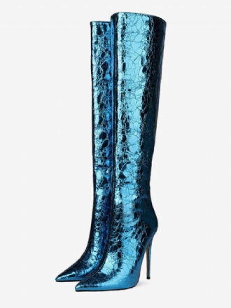 Kniehohe Damenstiefel Schillernde Blaue Spitze Zehen-stiletto-absatz-nachtclub-high-heel-damenstiefel