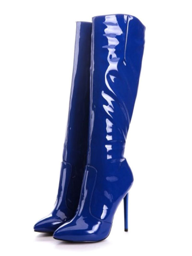 Kniehohe Stiefel Für Damen Blaues Lackleder Spitzer Zehenbereich Stiletto-absatz Täglich Lässig Helles Leder Winterstiefel - Blau