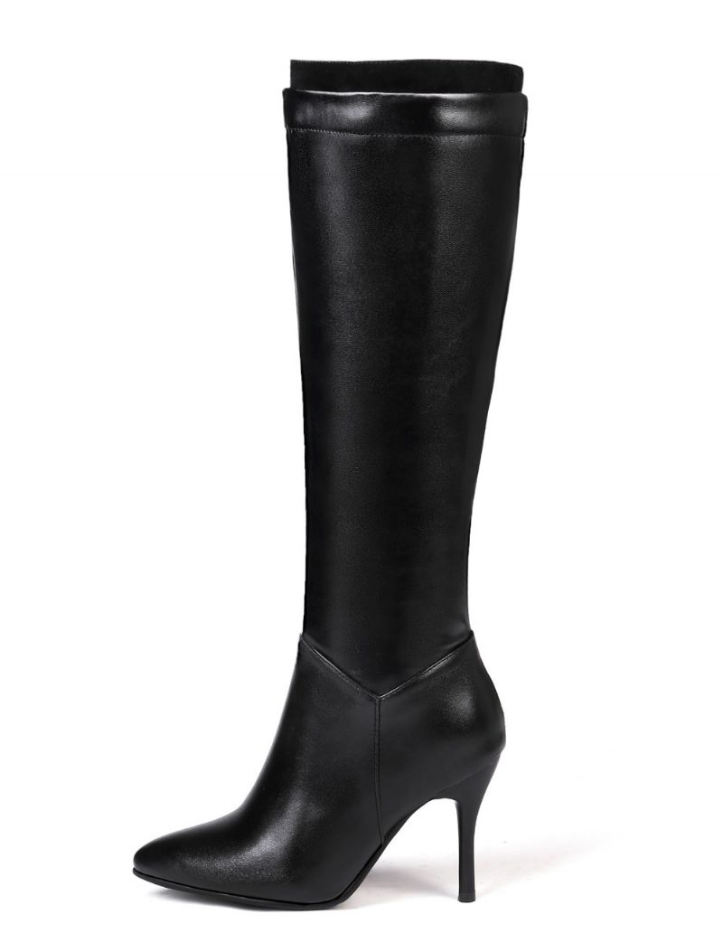 Kniehohe Stiefel Für Damen Einfarbig Spitzer Zehenbereich Stiletto-absatz - Schwarz