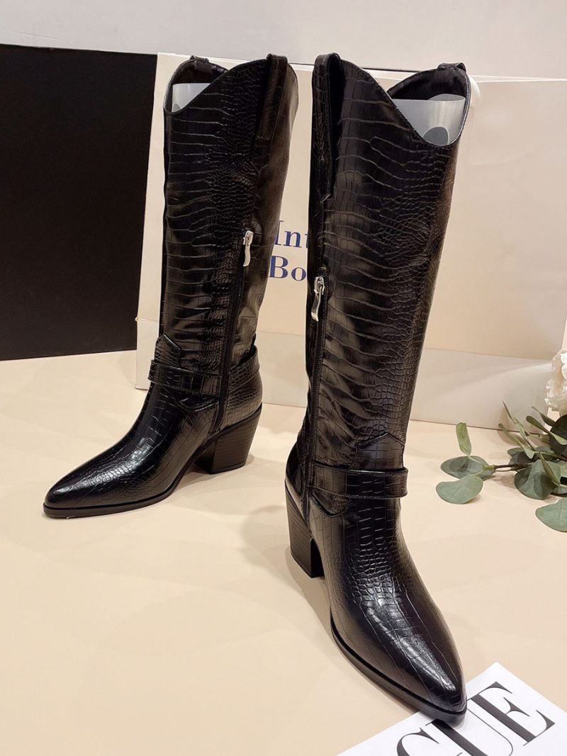 Kniehohe Stiefel Im Retro-stil Für Damen Mit Klobigem Absatz Und Westernstiefel - Schwarz