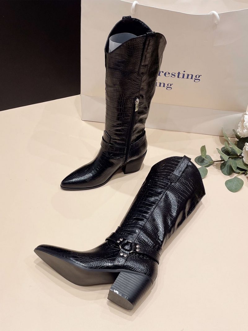 Kniehohe Stiefel Im Retro-stil Für Damen Mit Klobigem Absatz Und Westernstiefel - Schwarz