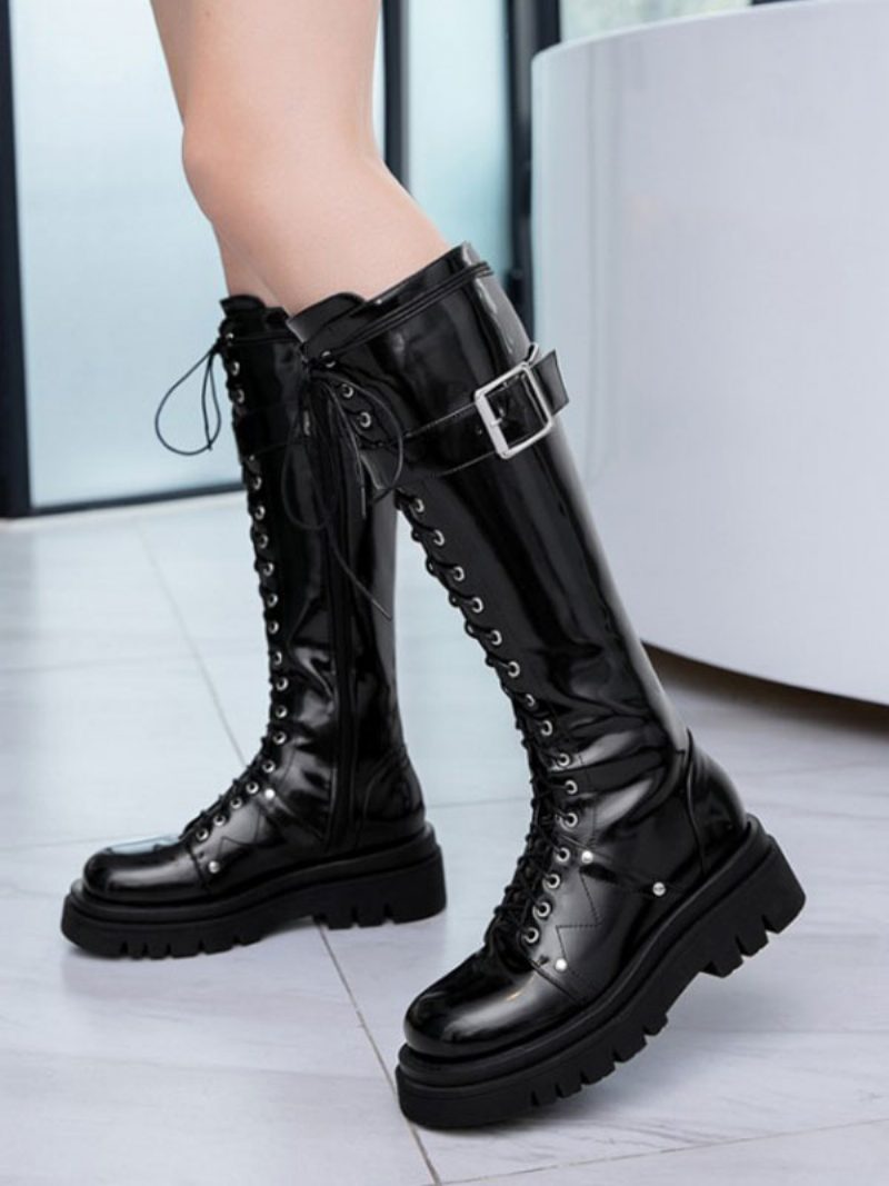 Kniehohe Stiefel Schwarze Runde Zehenpartie Verstellbare Riemen Flatforms Tägliche Lässige Damenstiefel - Schwarz