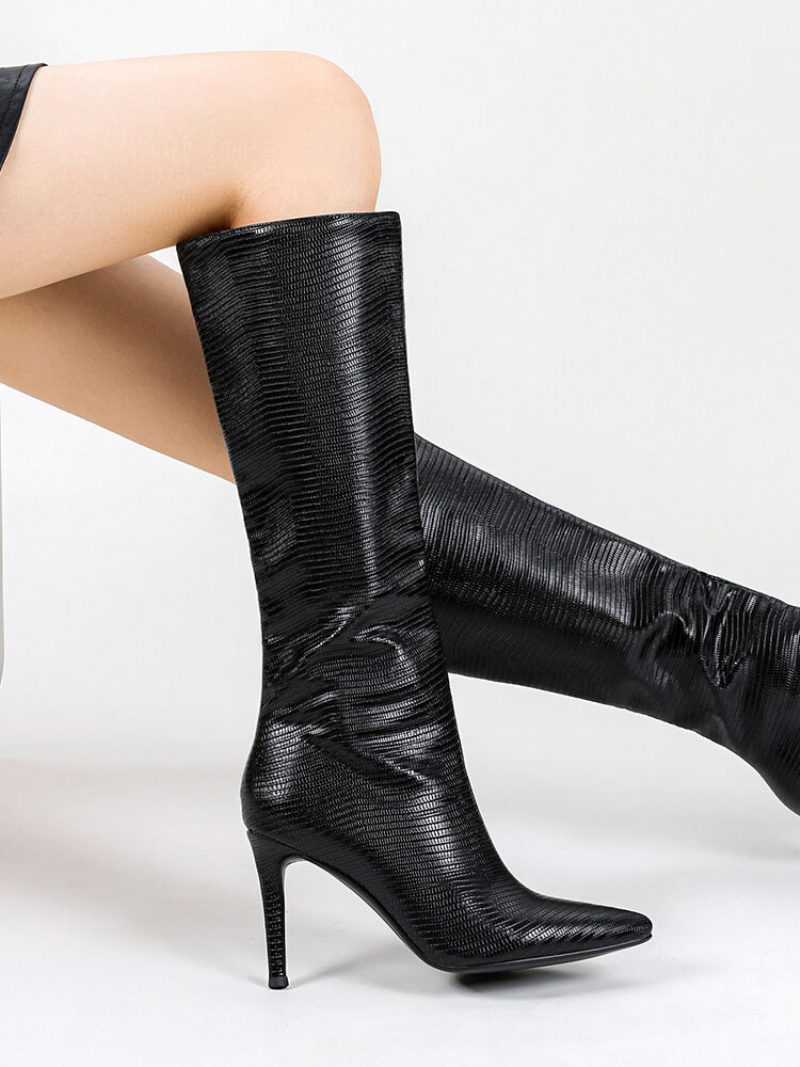 Knielange Stiefel Für Damen Mit Weitem Schaft Und Stiletto-absatz - Schwarz