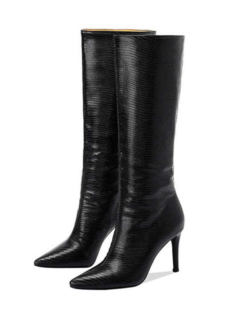 Knielange Stiefel Für Damen Mit Weitem Schaft Und Stiletto-absatz - Schwarz