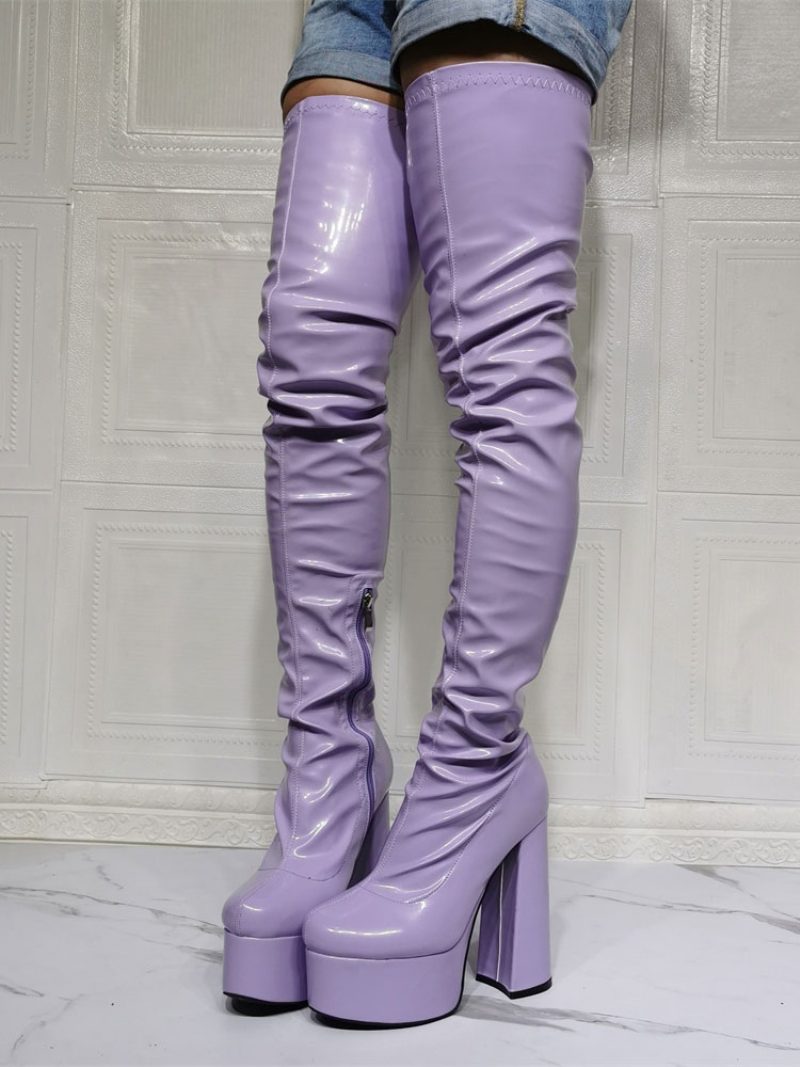 Lila Oberschenkelhohe Damenstiefel Sexy Overknee-stiefel Mit Blockabsatz Und Plateausohle - Lavendel