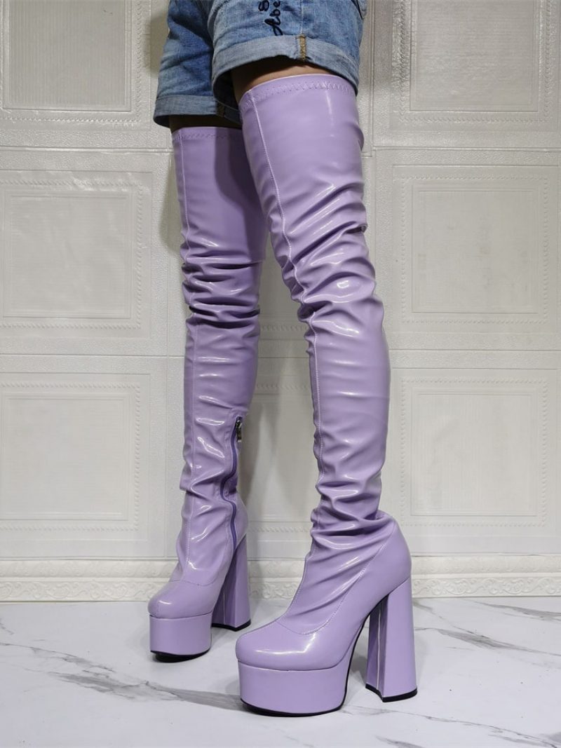 Lila Oberschenkelhohe Damenstiefel Sexy Overknee-stiefel Mit Blockabsatz Und Plateausohle - Lavendel