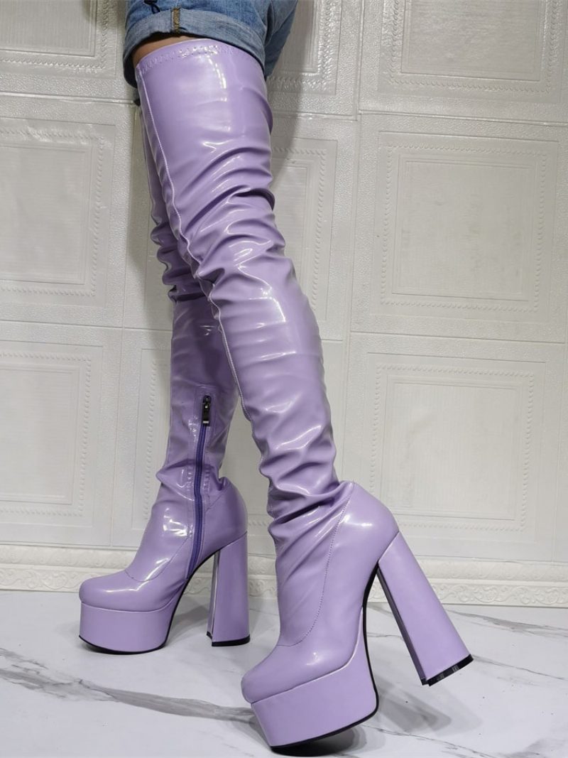 Lila Oberschenkelhohe Damenstiefel Sexy Overknee-stiefel Mit Blockabsatz Und Plateausohle - Lavendel