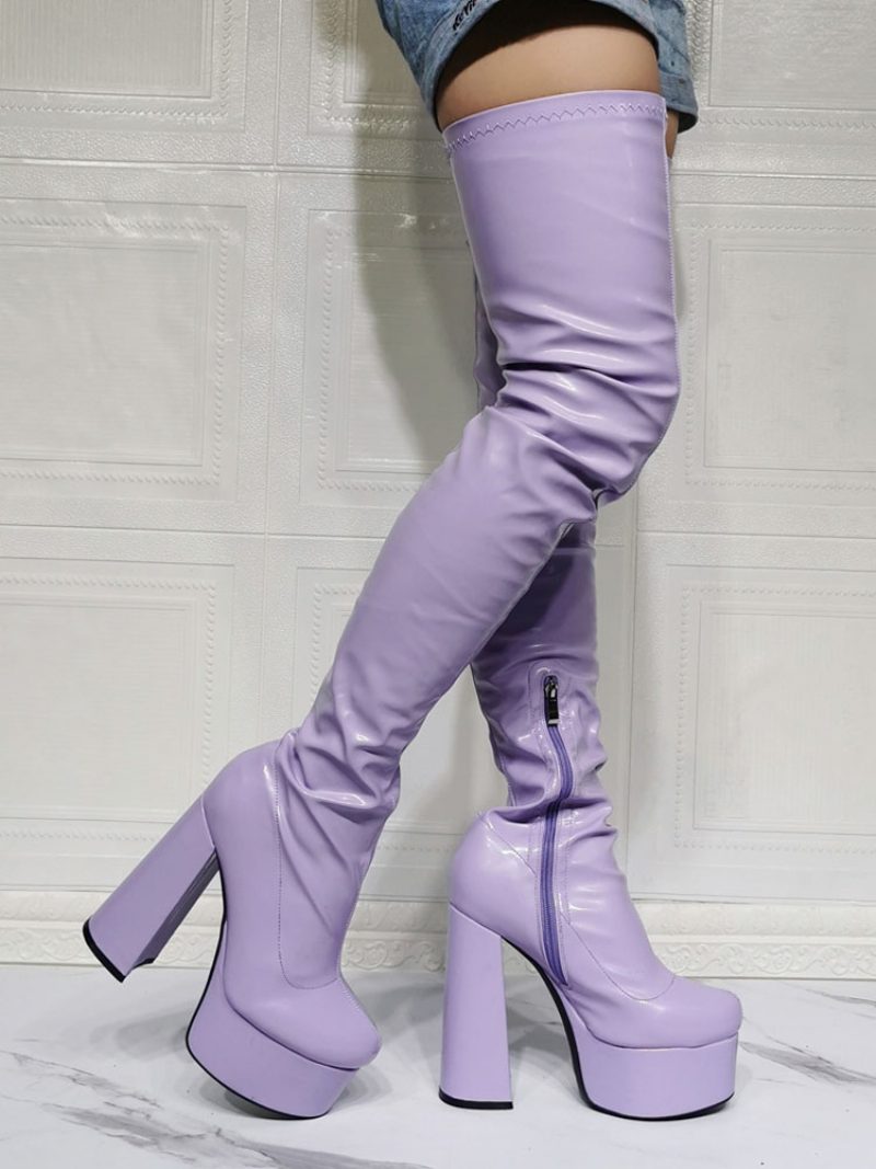 Lila Oberschenkelhohe Damenstiefel Sexy Overknee-stiefel Mit Blockabsatz Und Plateausohle - Lavendel