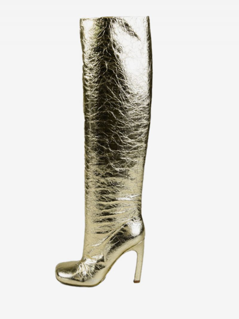 Metallic-kniehohe Stiefel Für Damen Stiletto-absatz Breite Waden Abschlussball-party-stiefel - Hellgold