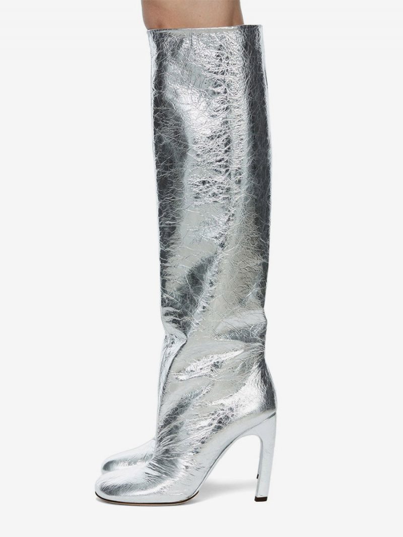 Metallic-kniehohe Stiefel Für Damen Stiletto-absatz Breite Waden Abschlussball-party-stiefel - Silber