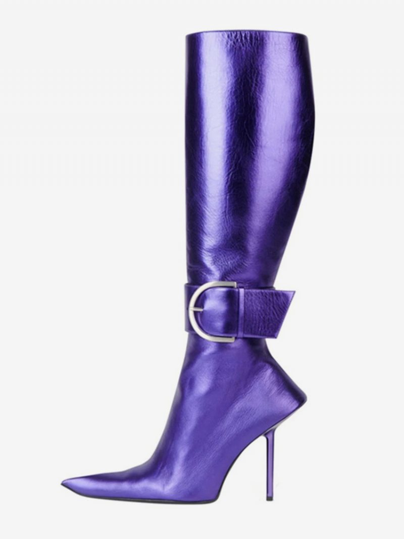 Metallic-mild-kalbsstiefel Für Damen Violette Schnalle Spitze Zehenpartie Stiletto-absatz