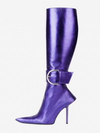 Metallic-mild-kalbsstiefel Für Damen Violette Schnalle Spitze Zehenpartie Stiletto-absatz