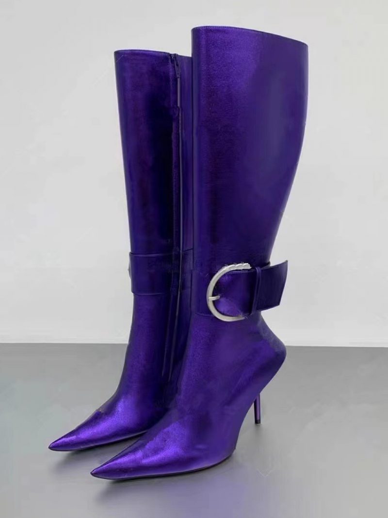 Metallic-mild-kalbsstiefel Für Damen Violette Schnalle Spitze Zehenpartie Stiletto-absatz - Königslila