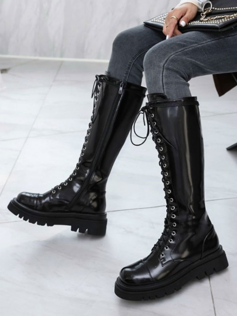 Mittelhohe Stiefel Für Damen Schwarzes Leder Runde Zehenpartie Vorne Verstellbarer Riemen Damenstiefel