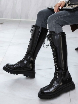 Mittelhohe Stiefel Für Damen Schwarzes Leder Runde Zehenpartie Vorne Verstellbarer Riemen Damenstiefel