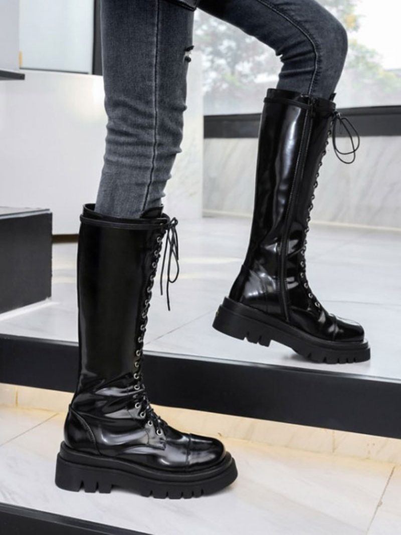 Mittelhohe Stiefel Für Damen Schwarzes Leder Runde Zehenpartie Vorne Verstellbarer Riemen Damenstiefel - Schwarz