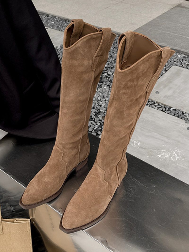 Obermaterial Aus Micro-wildleder Spitzer Zehenbereich Klobiger Absatz Mittelhohe Stiefel Für Damen - Khaki