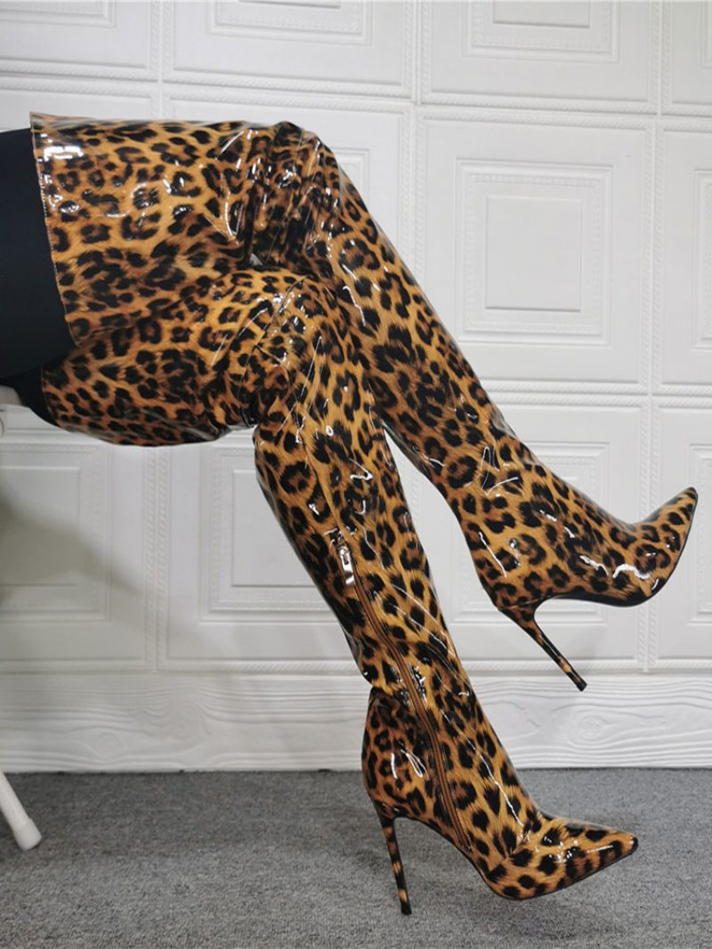 Oberschenkelhohe Damenstiefel Aus Lackleder - Leopard