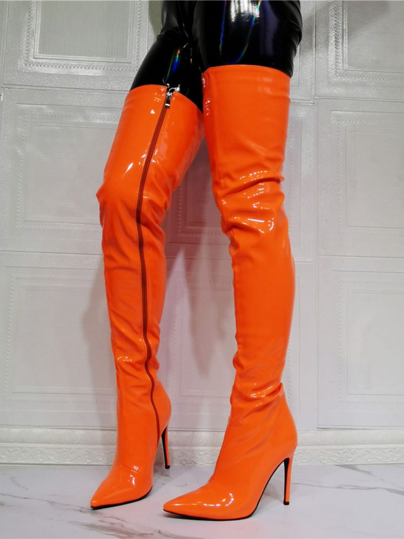 Oberschenkelhohe Damenstiefel Aus Leuchtendem Lackleder Orange