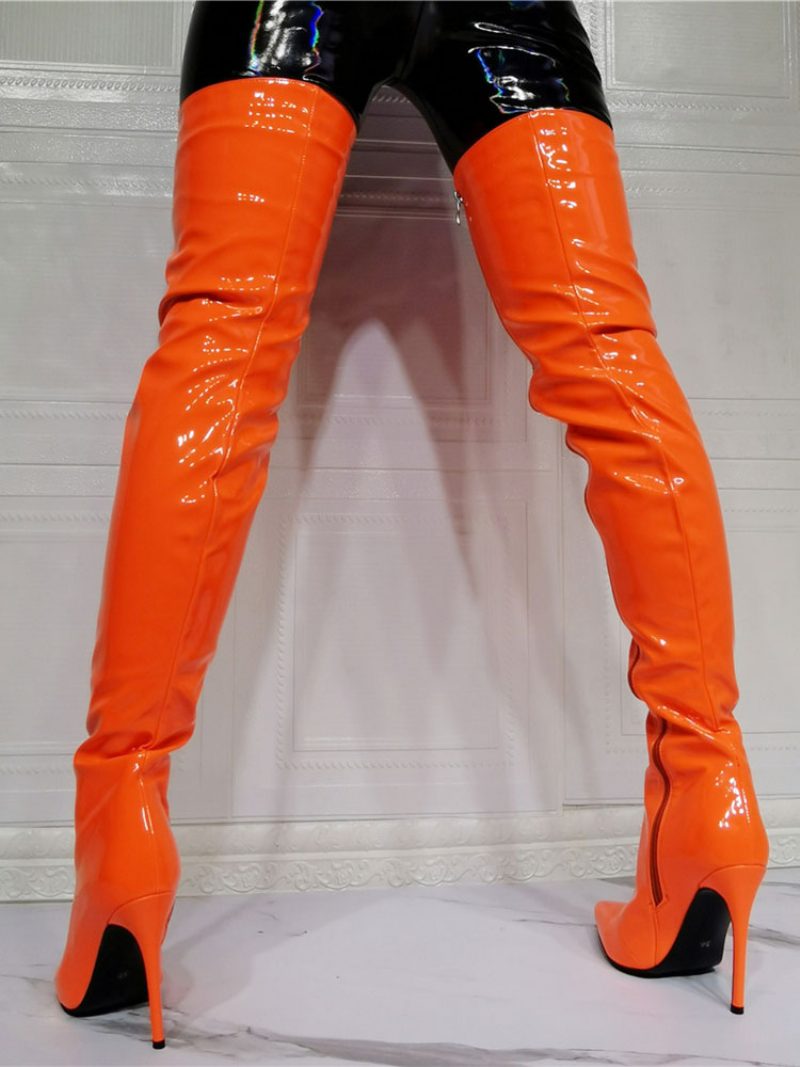 Oberschenkelhohe Damenstiefel Aus Leuchtendem Lackleder Orange - Orange