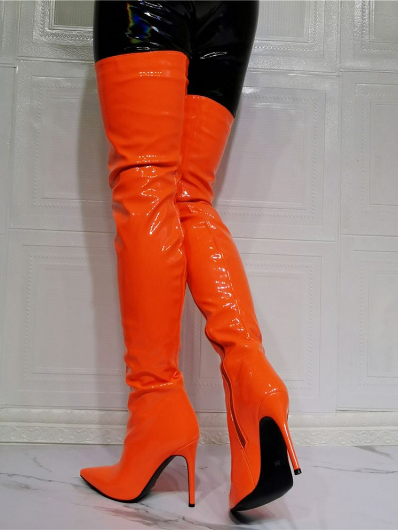 Oberschenkelhohe Damenstiefel Aus Leuchtendem Lackleder Orange - Orange