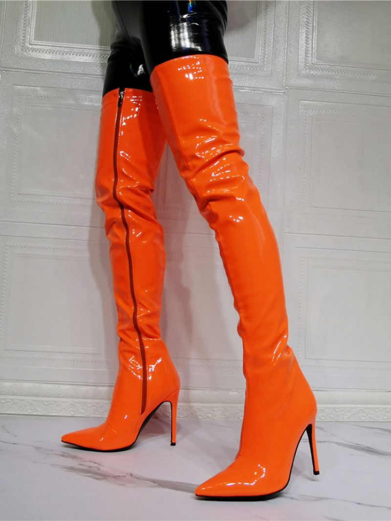 Oberschenkelhohe Damenstiefel Aus Leuchtendem Lackleder Orange - Orange