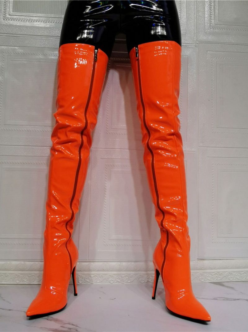 Oberschenkelhohe Damenstiefel Aus Leuchtendem Lackleder Orange - Orange