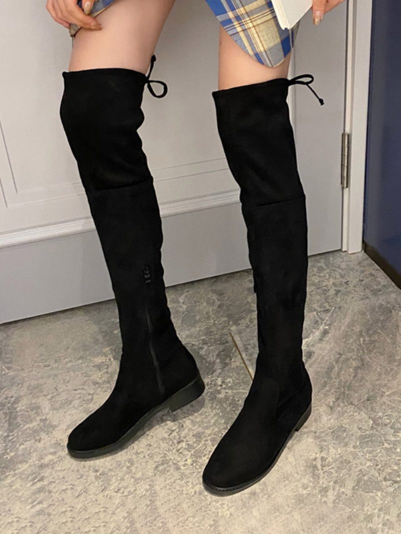 Oberschenkelhohe Damenstiefel Aus Schwarzem Wildleder Flache Overknee-stiefel